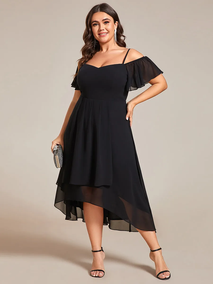 Plus Size Chiffon Spaghetti Strap Cold Shoulder Tea Length Wedding Guest Dress