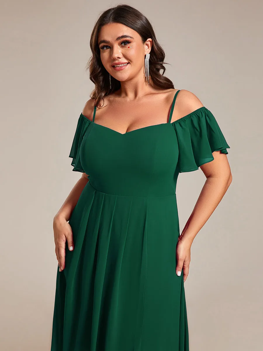 Plus Size Chiffon Spaghetti Strap Cold Shoulder Tea Length Wedding Guest Dress