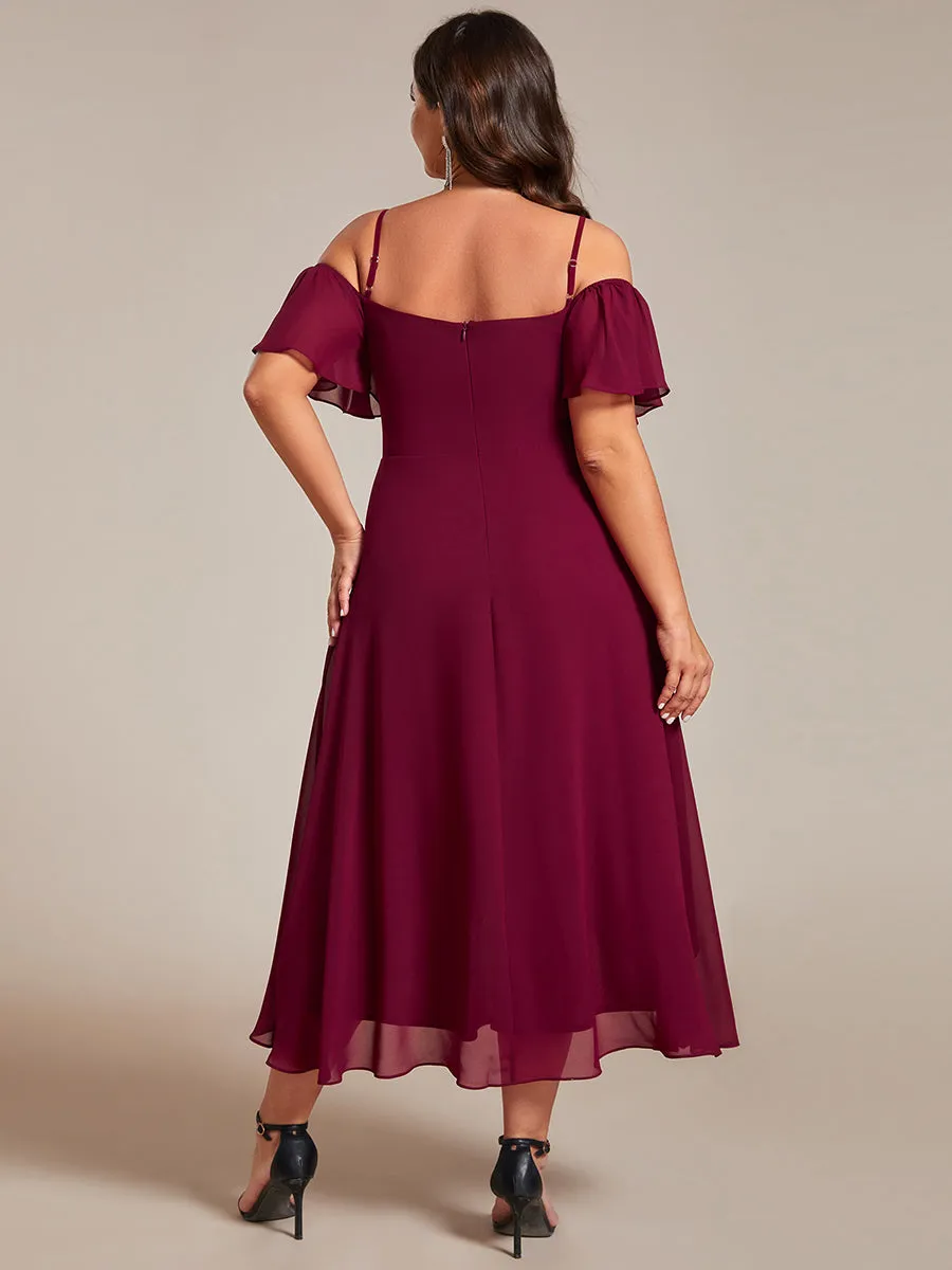 Plus Size Chiffon Spaghetti Strap Cold Shoulder Tea Length Wedding Guest Dress