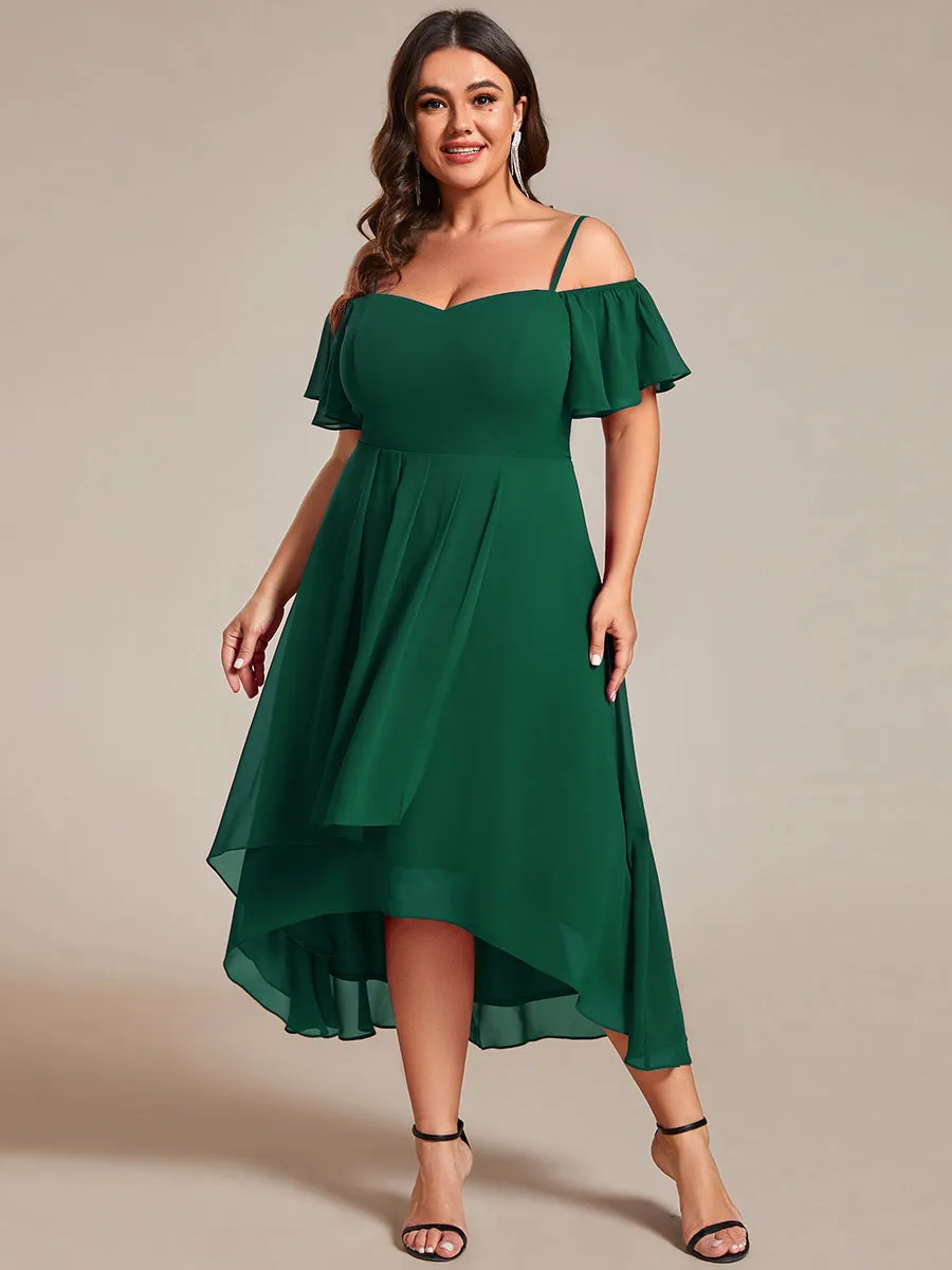 Plus Size Chiffon Spaghetti Strap Cold Shoulder Tea Length Wedding Guest Dress