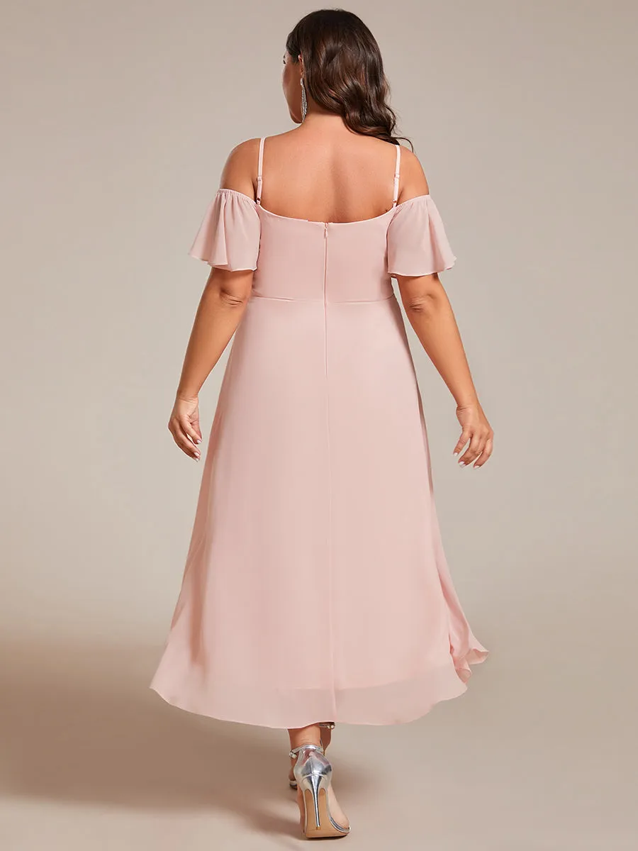 Plus Size Chiffon Spaghetti Strap Cold Shoulder Tea Length Wedding Guest Dress