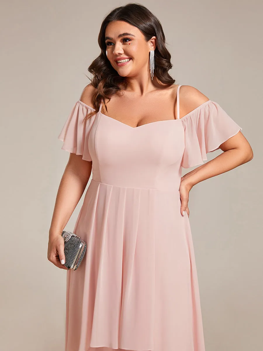 Plus Size Chiffon Spaghetti Strap Cold Shoulder Tea Length Wedding Guest Dress