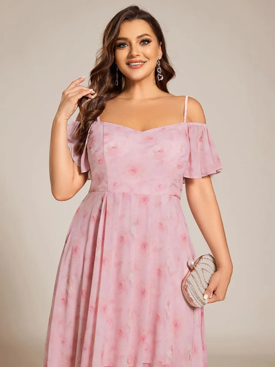 Plus Size Chiffon Spaghetti Strap Cold Shoulder Tea Length Wedding Guest Dress