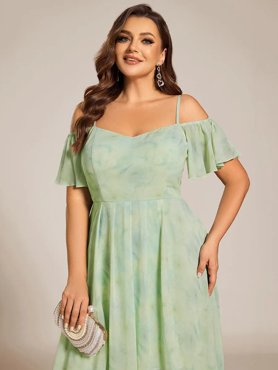 Plus Size Chiffon Spaghetti Strap Cold Shoulder Tea Length Wedding Guest Dress