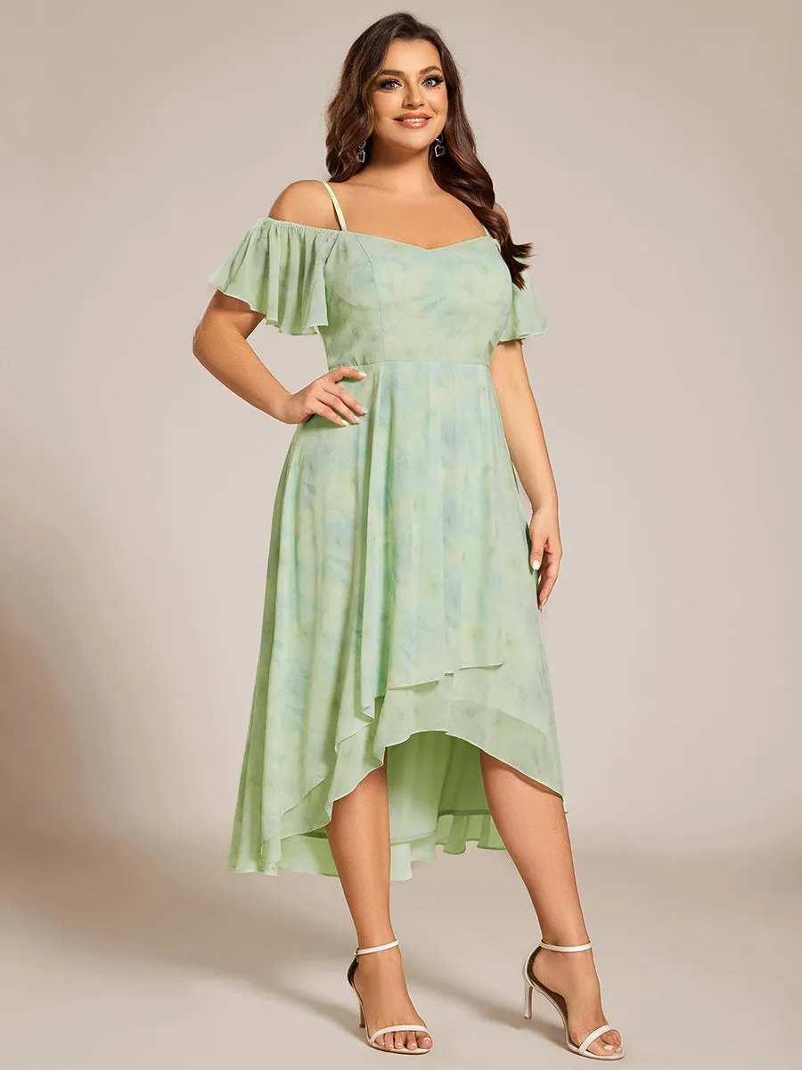 Plus Size Chiffon Spaghetti Strap Cold Shoulder Tea Length Wedding Guest Dress