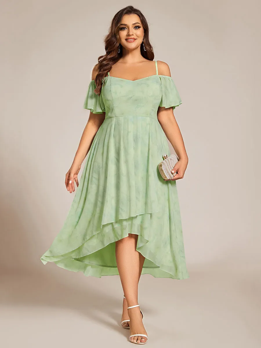 Plus Size Chiffon Spaghetti Strap Cold Shoulder Tea Length Wedding Guest Dress