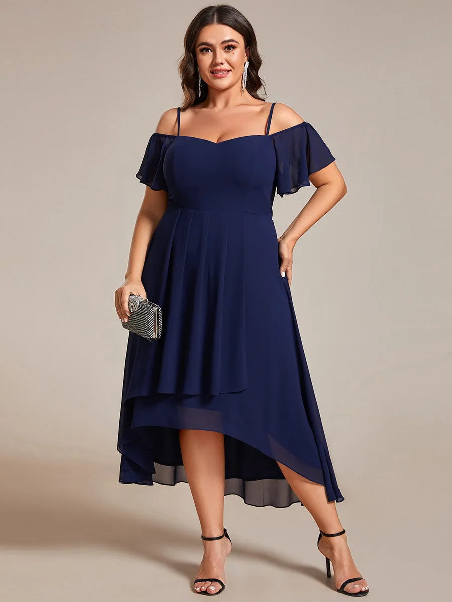 Plus Size Chiffon Spaghetti Strap Cold Shoulder Tea Length Wedding Guest Dress