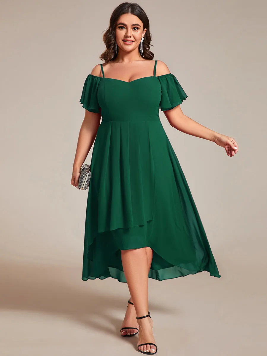 Plus Size Chiffon Spaghetti Strap Cold Shoulder Tea Length Wedding Guest Dress