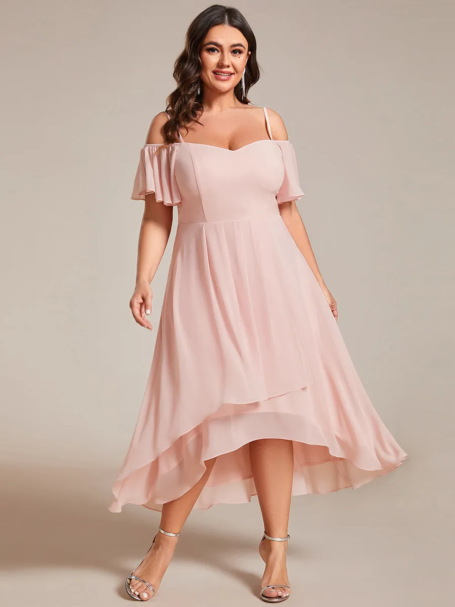 Plus Size Chiffon Spaghetti Strap Cold Shoulder Tea Length Wedding Guest Dress