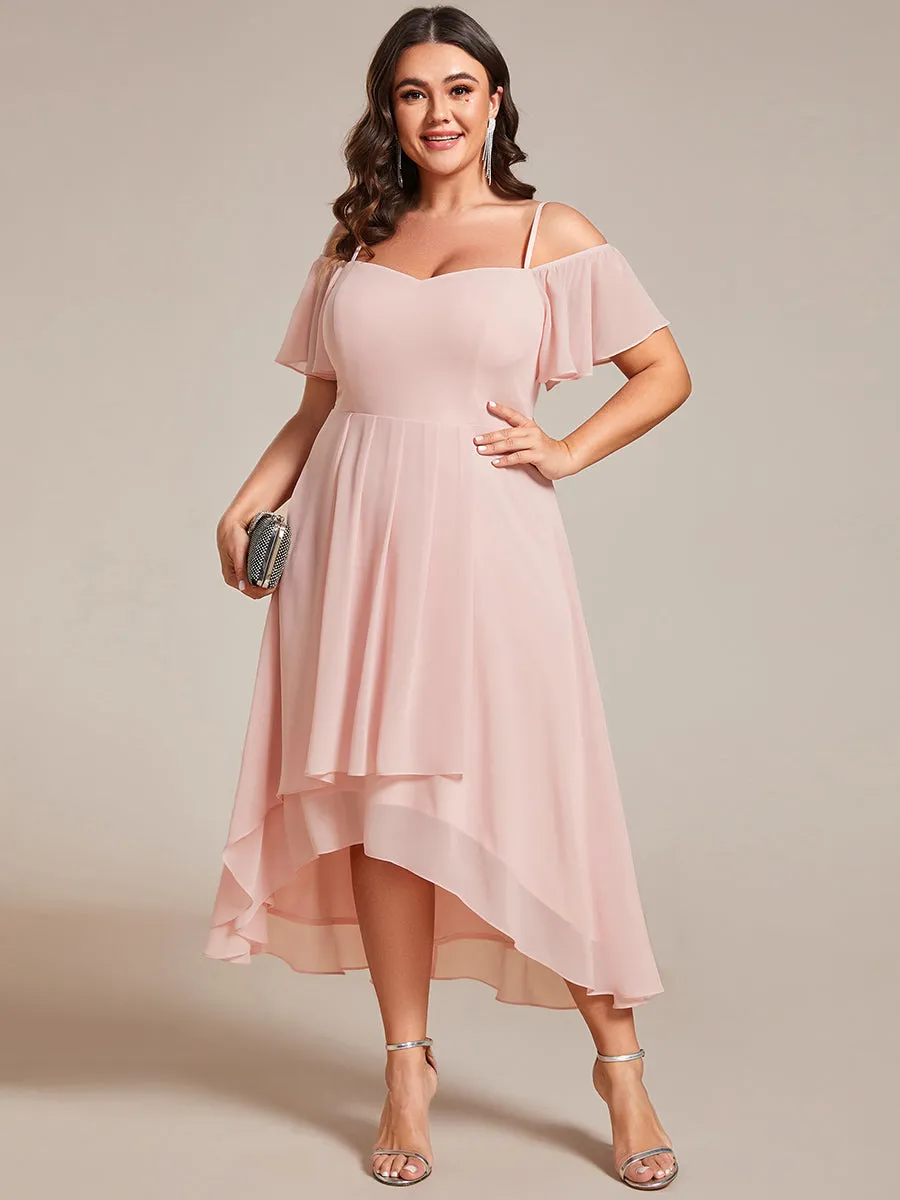 Plus Size Chiffon Spaghetti Strap Cold Shoulder Tea Length Wedding Guest Dress