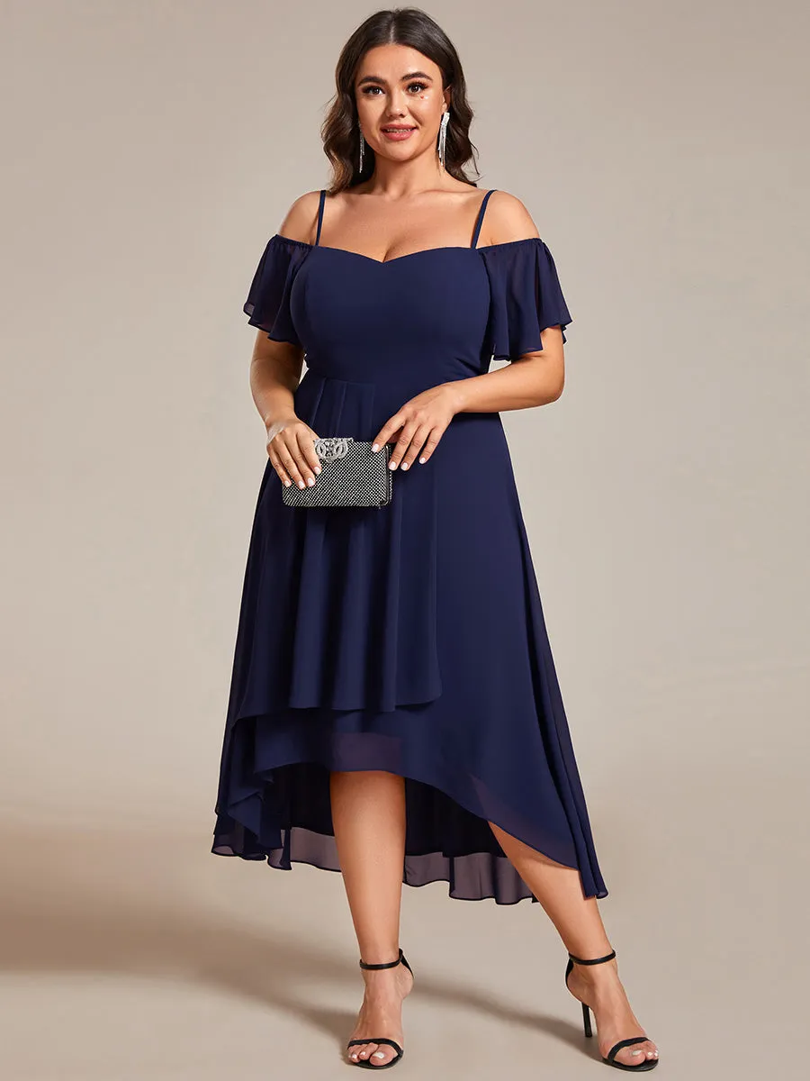 Plus Size Chiffon Spaghetti Strap Cold Shoulder Tea Length Wedding Guest Dress