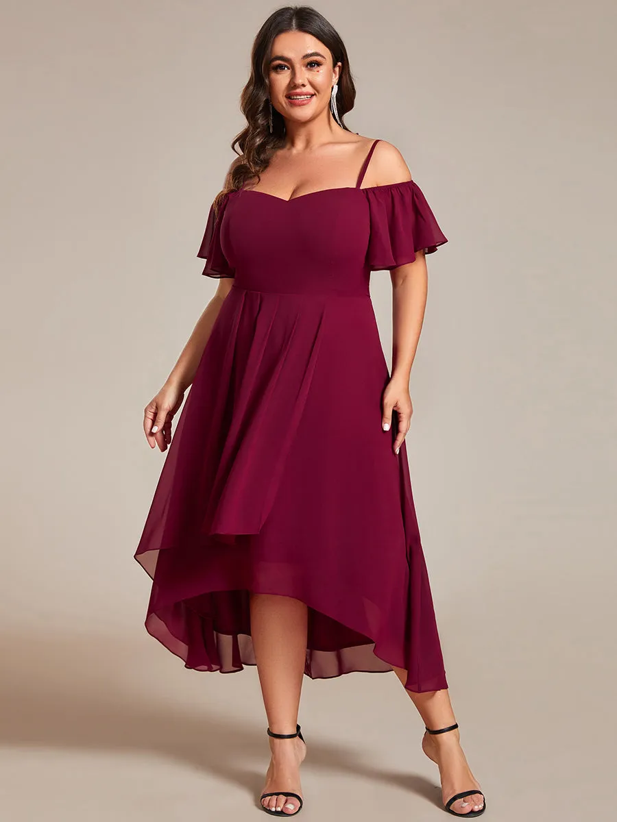 Plus Size Chiffon Spaghetti Strap Cold Shoulder Tea Length Wedding Guest Dress