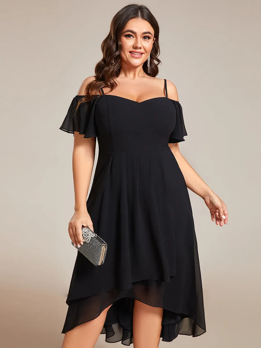 Plus Size Chiffon Spaghetti Strap Cold Shoulder Tea Length Wedding Guest Dress