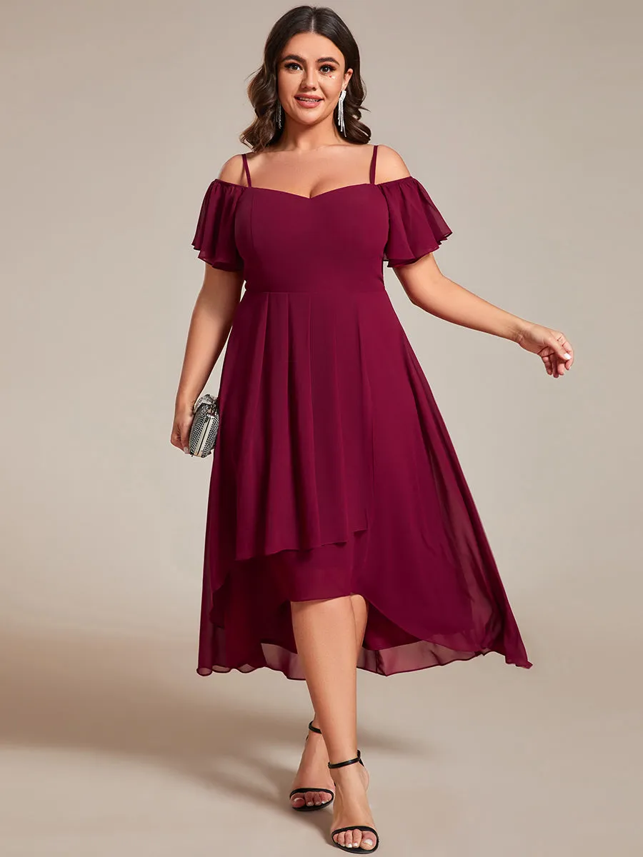 Plus Size Chiffon Spaghetti Strap Cold Shoulder Tea Length Wedding Guest Dress