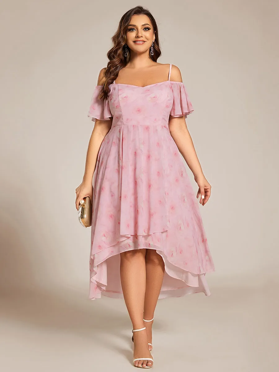 Plus Size Chiffon Spaghetti Strap Cold Shoulder Tea Length Wedding Guest Dress