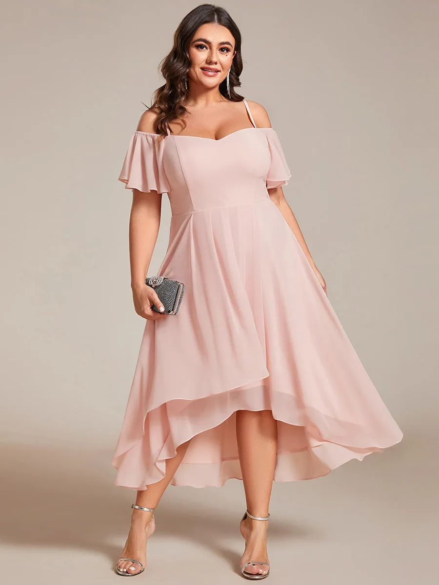 Plus Size Chiffon Spaghetti Strap Cold Shoulder Tea Length Wedding Guest Dress