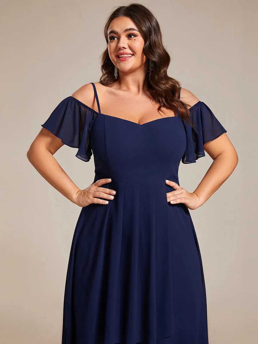 Plus Size Chiffon Spaghetti Strap Cold Shoulder Tea Length Wedding Guest Dress