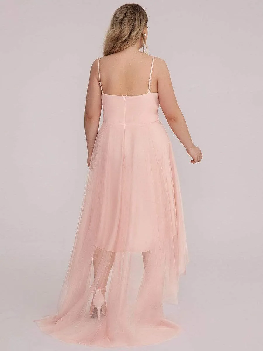 Plus Size V Neck High-low Hem Pleated Tulle Prom Dress