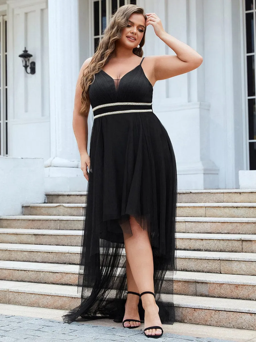 Plus Size V Neck High-low Hem Pleated Tulle Prom Dress