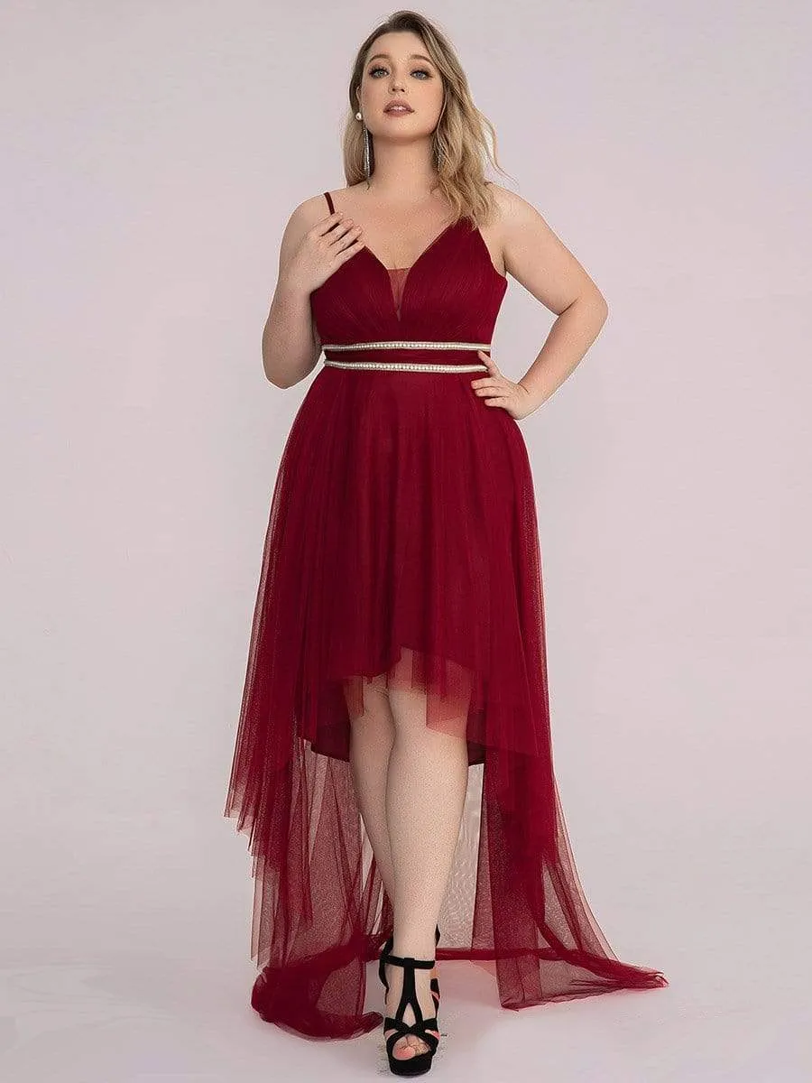 Plus Size V Neck High-low Hem Pleated Tulle Prom Dress