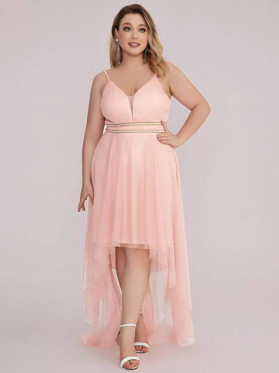 Plus Size V Neck High-low Hem Pleated Tulle Prom Dress