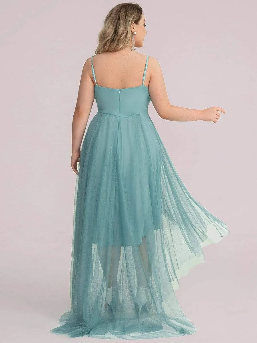 Plus Size V Neck High-low Hem Pleated Tulle Prom Dress