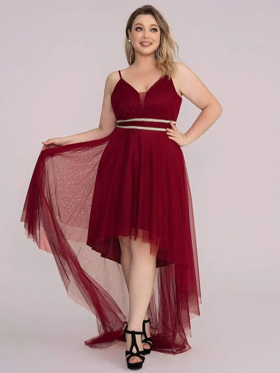 Plus Size V Neck High-low Hem Pleated Tulle Prom Dress