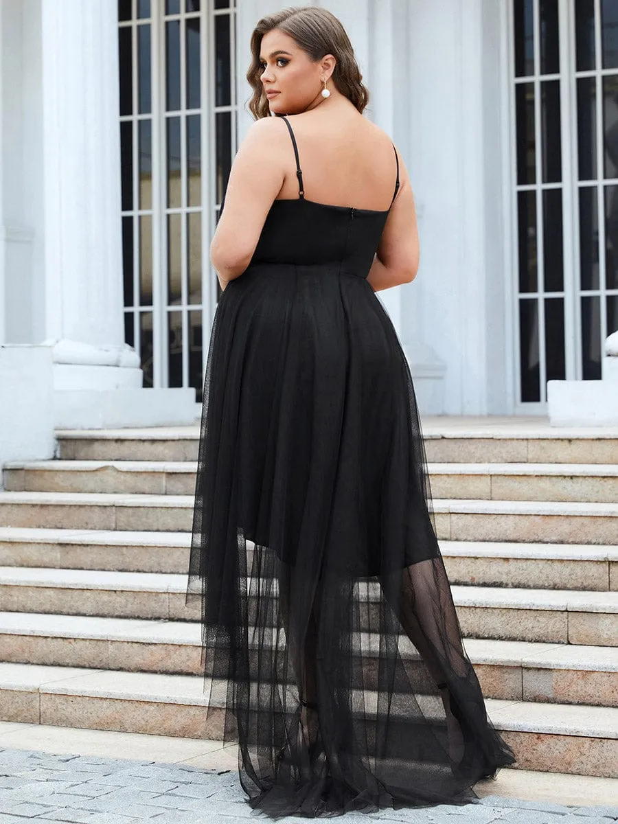 Plus Size V Neck High-low Hem Pleated Tulle Prom Dress