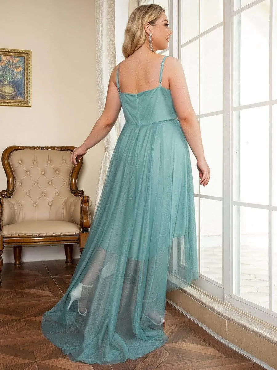 Plus Size V Neck High-low Hem Pleated Tulle Prom Dress