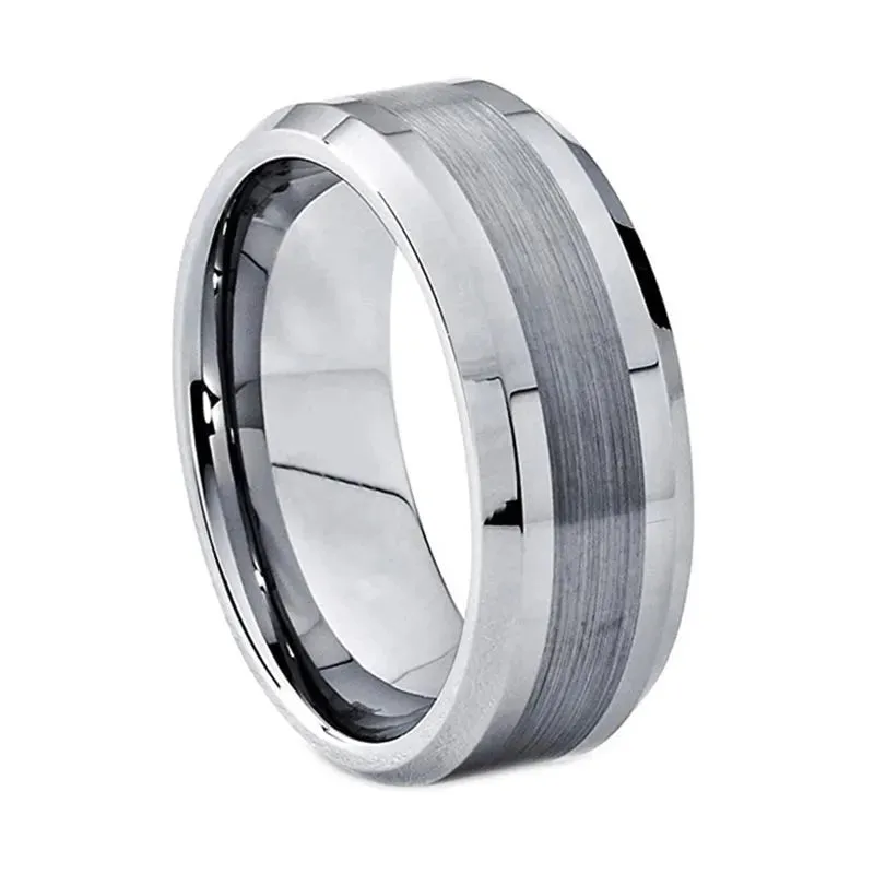 Polished Beveled Edge with Brushed Inlay Wedding Ring in Silver Tungsten (8mm)