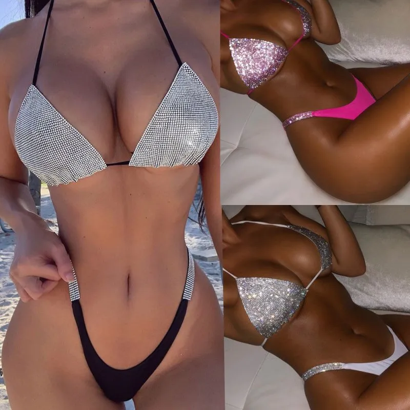 Popular   Solid Color Diamond Bikini  Split Swimsuit Swimwear