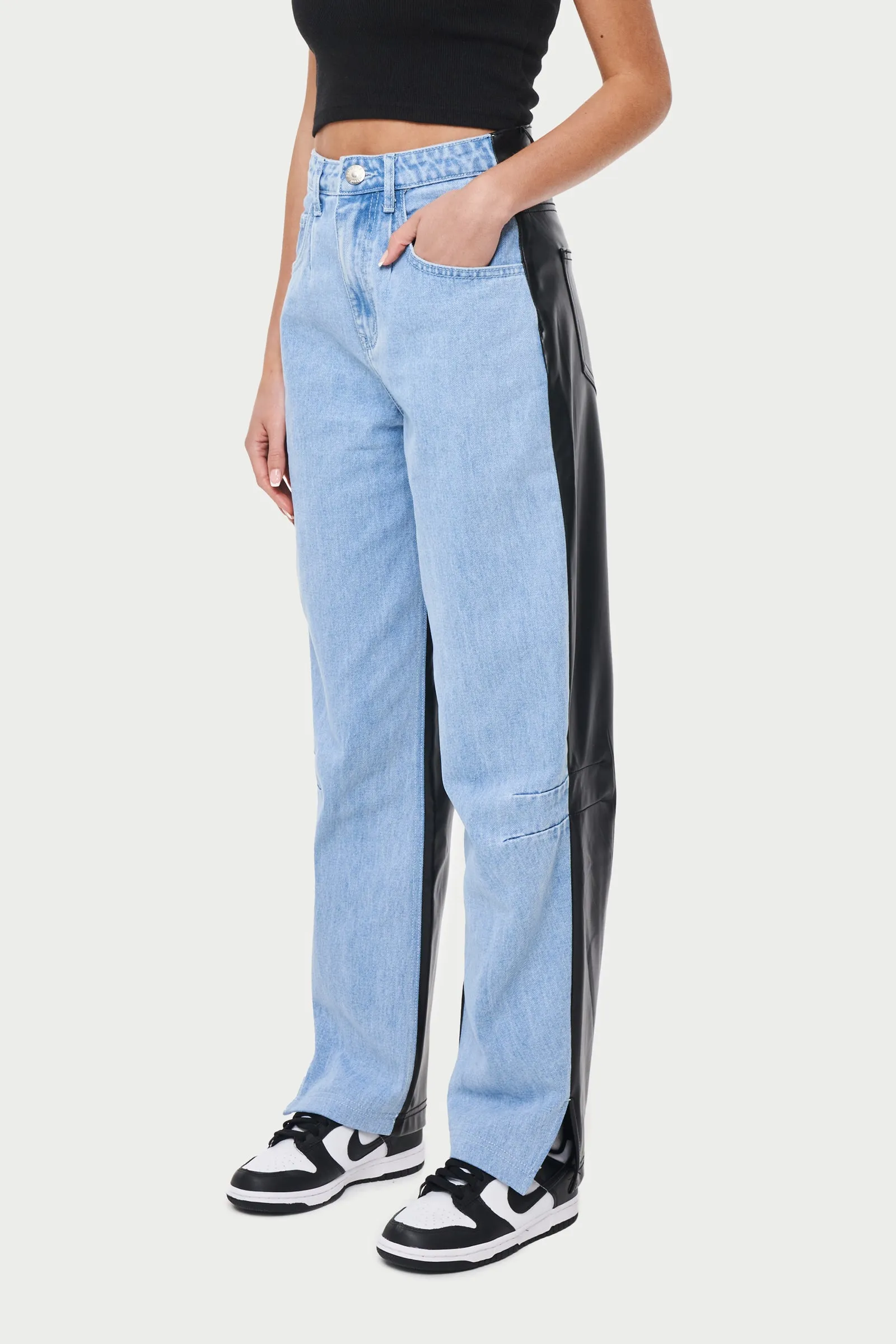 PU DENIM SPLICED MOM JEAN - BLUE