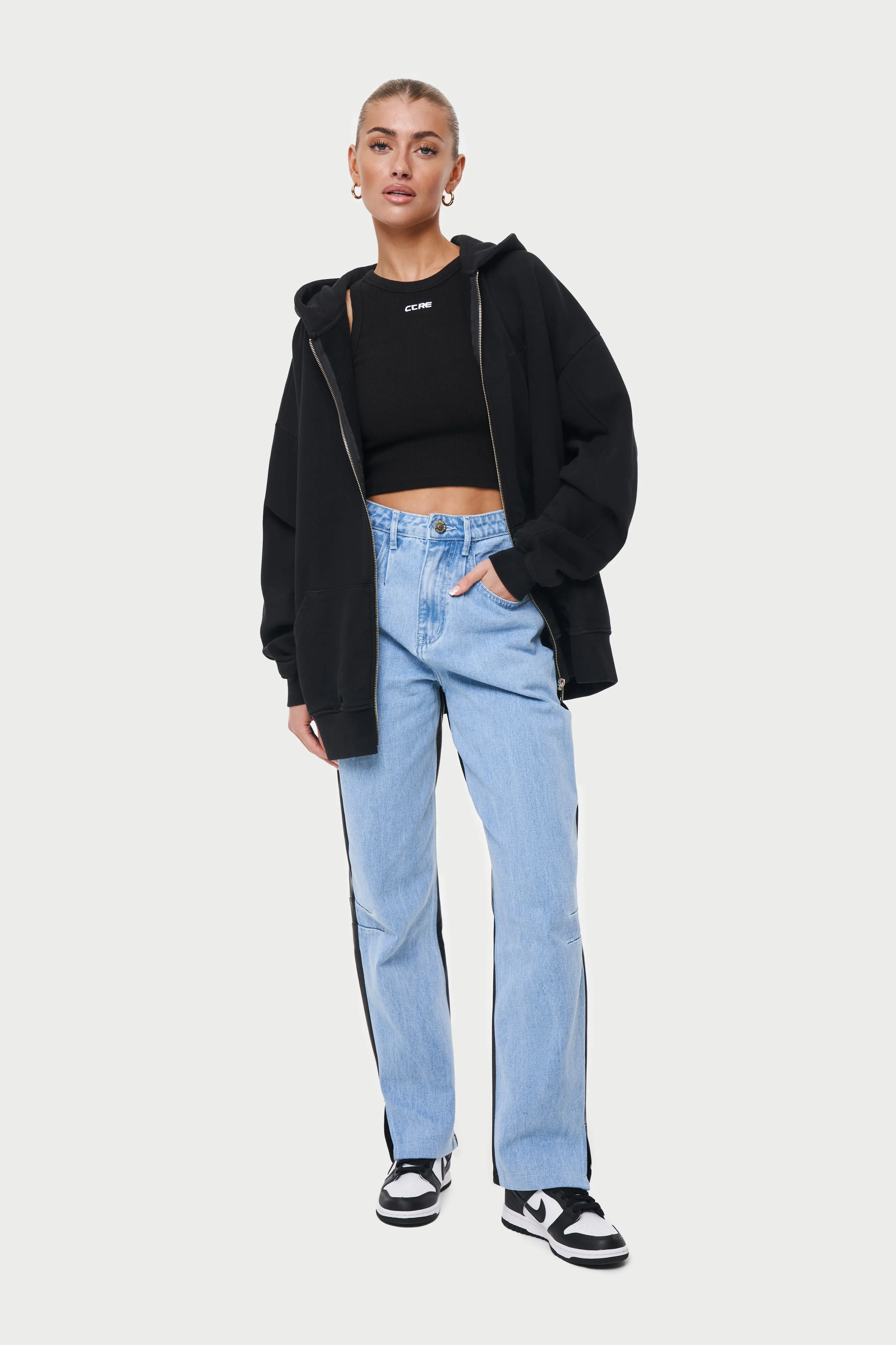 PU DENIM SPLICED MOM JEAN - BLUE