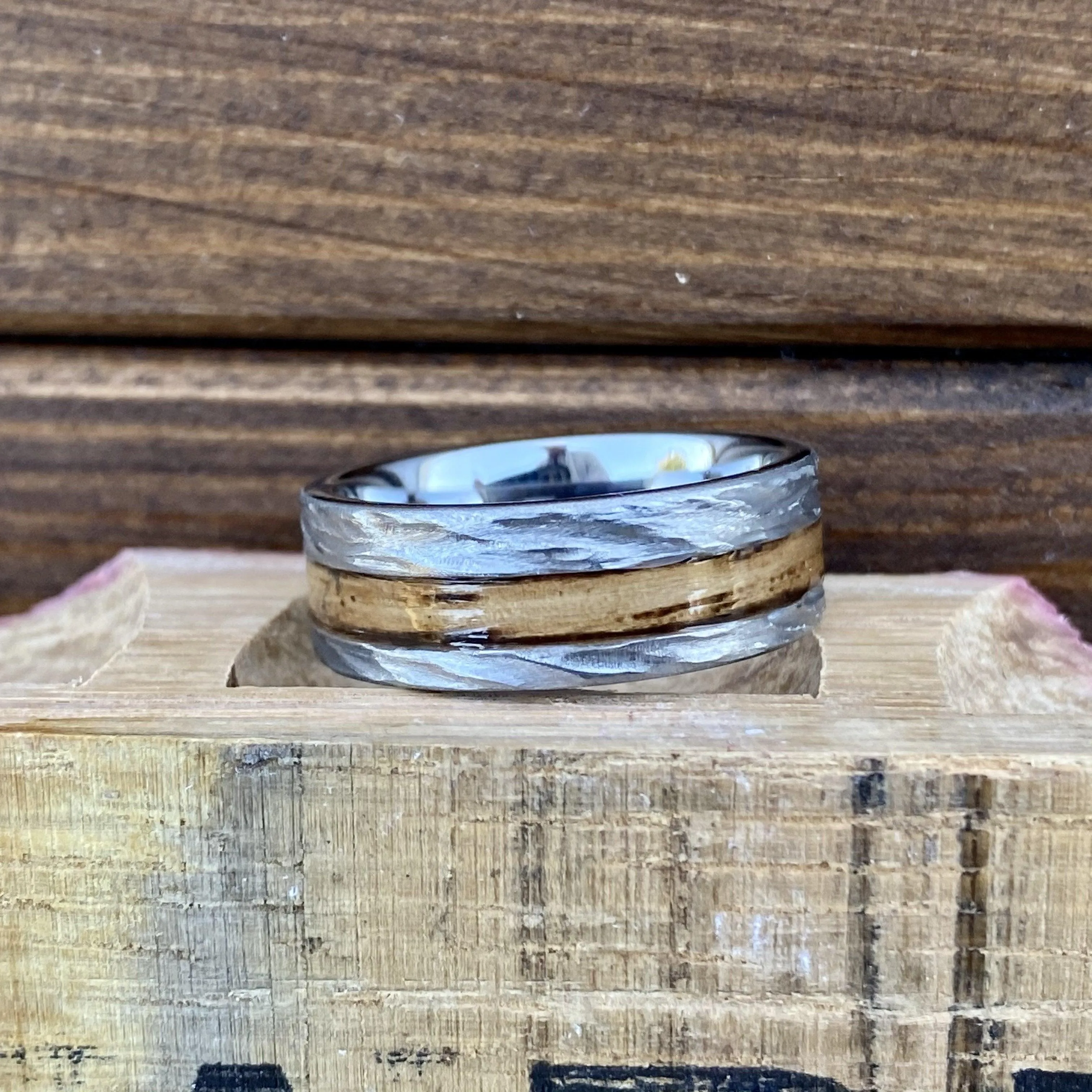 " The Cowboy" 100% USA Made Build Your Own Ring Rugged Tungsten Flat Band with Off-Center Inlay and Bark Finish