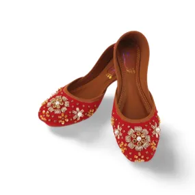 Red Velvet Embroidered Khussa Shoes For Women