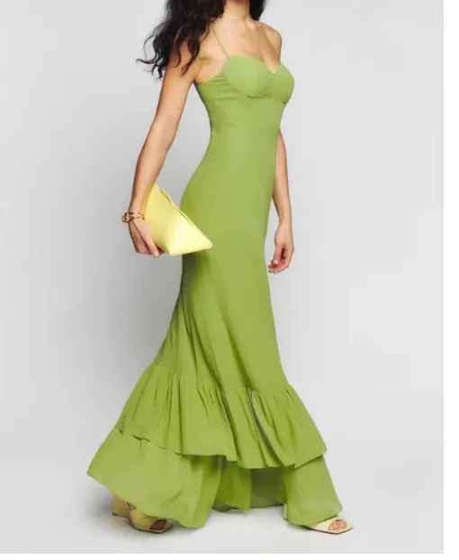 Reformation Green Fallon Tiered Strappy Maxi Dress UK 8