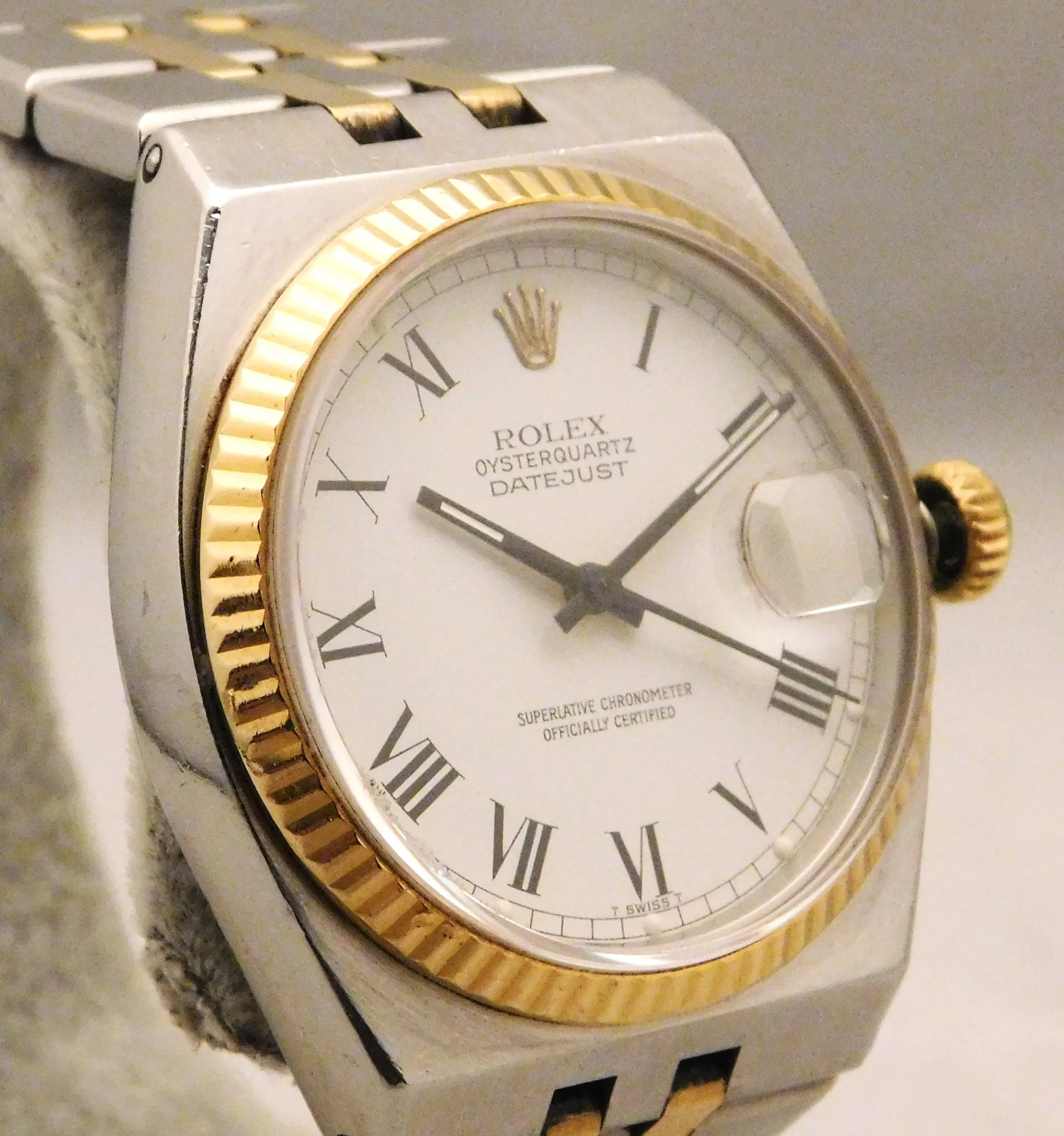 Rolex Oysterquartz Datejust 17013 White Roman Dial 18k Solid Gold/SS 1986 Mens Watch....36mm