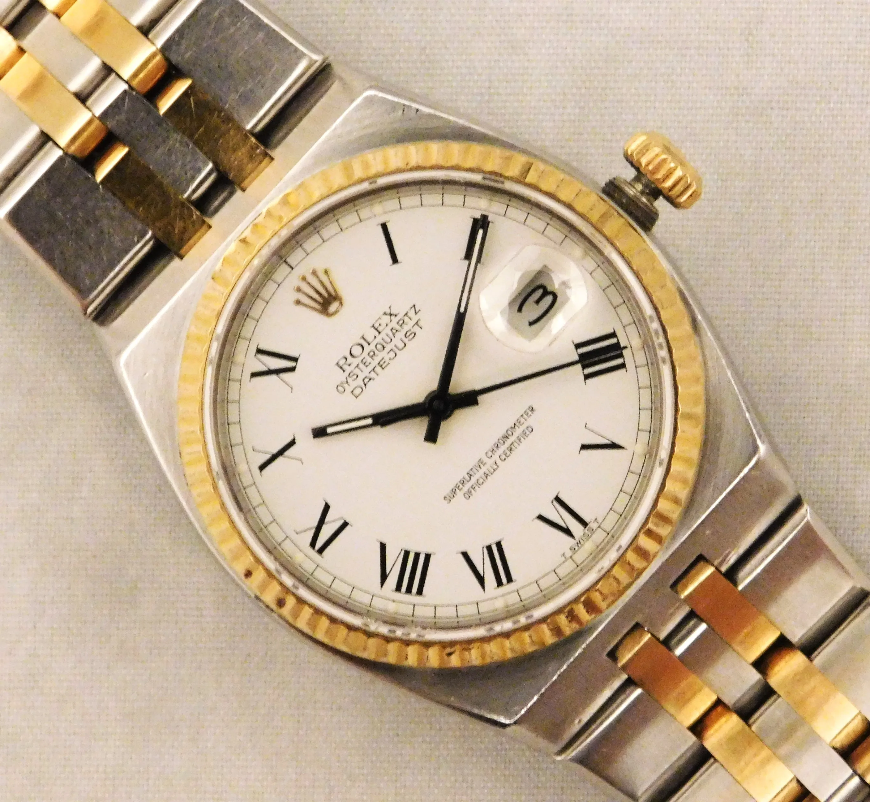 Rolex Oysterquartz Datejust 17013 White Roman Dial 18k Solid Gold/SS 1986 Mens Watch....36mm