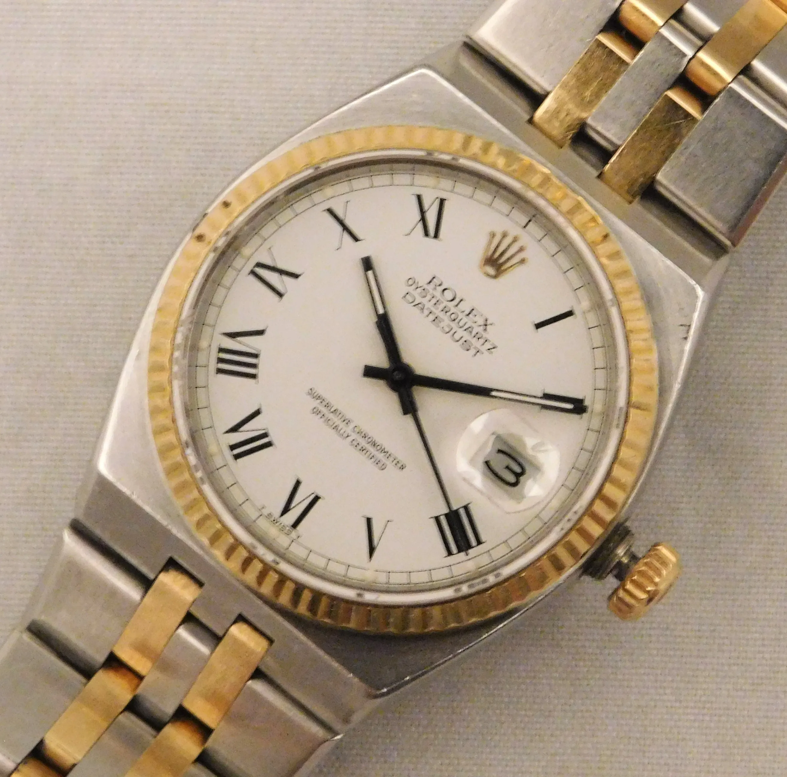 Rolex Oysterquartz Datejust 17013 White Roman Dial 18k Solid Gold/SS 1986 Mens Watch....36mm