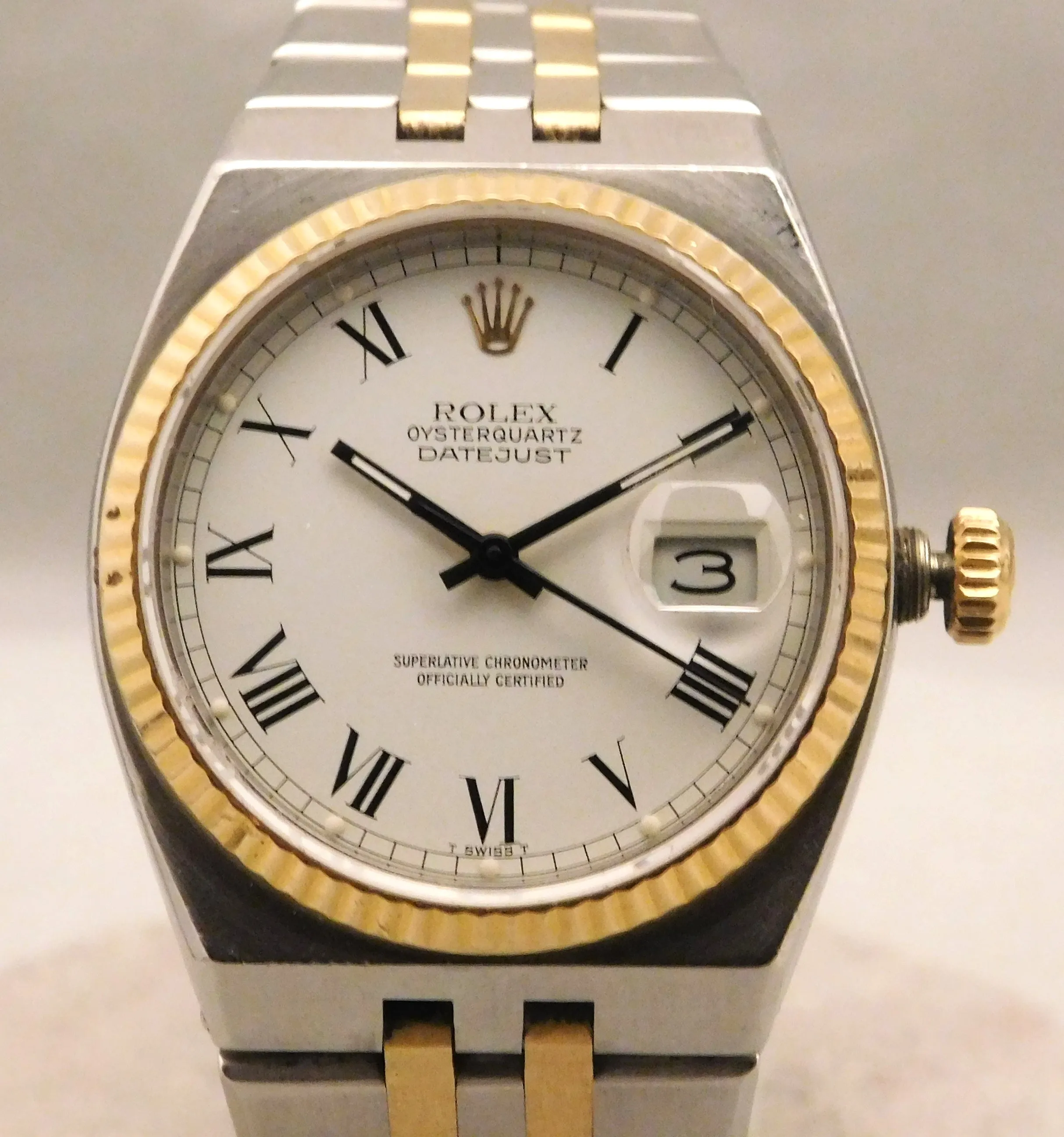 Rolex Oysterquartz Datejust 17013 White Roman Dial 18k Solid Gold/SS 1986 Mens Watch....36mm