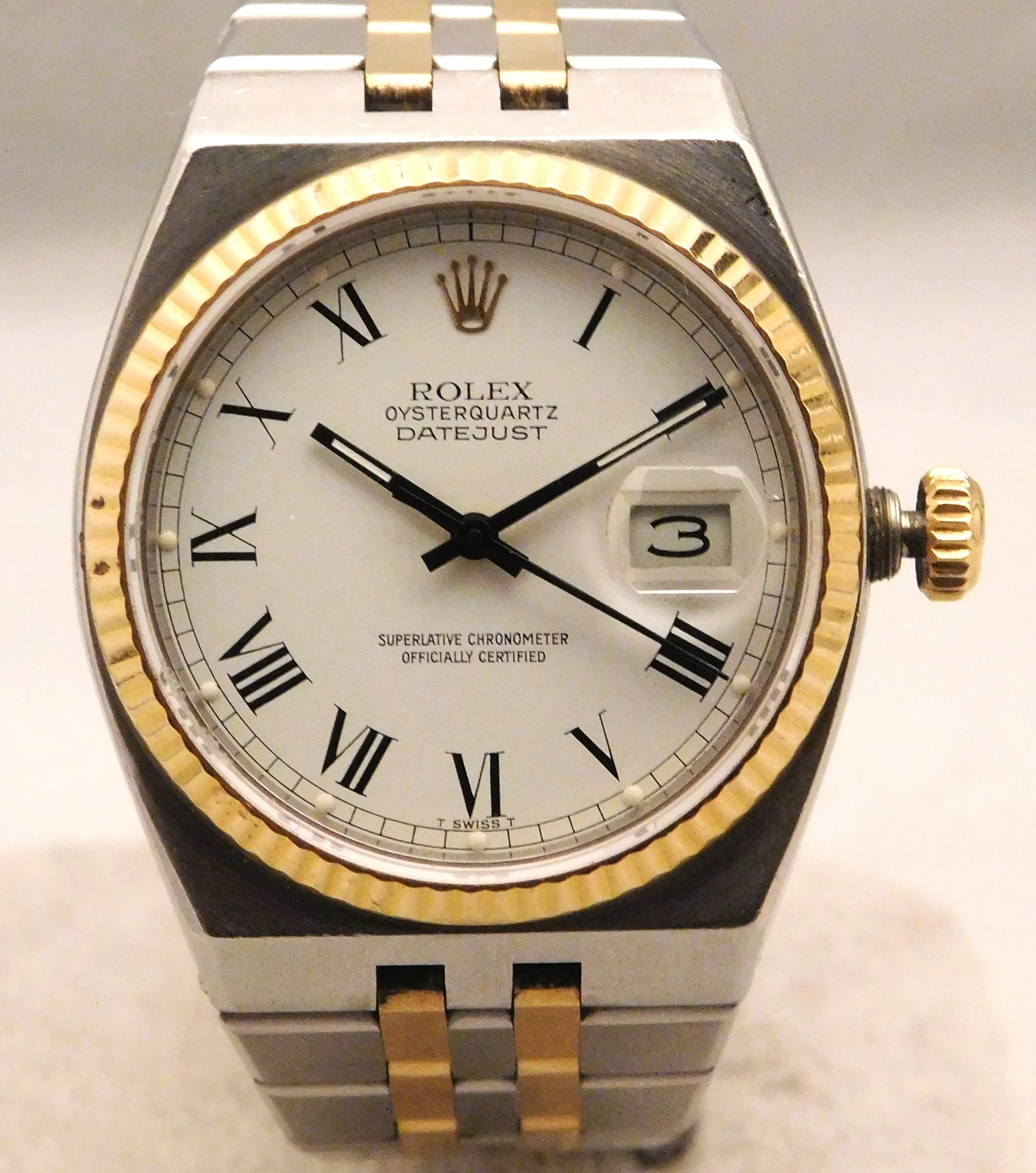 Rolex Oysterquartz Datejust 17013 White Roman Dial 18k Solid Gold/SS 1986 Mens Watch....36mm