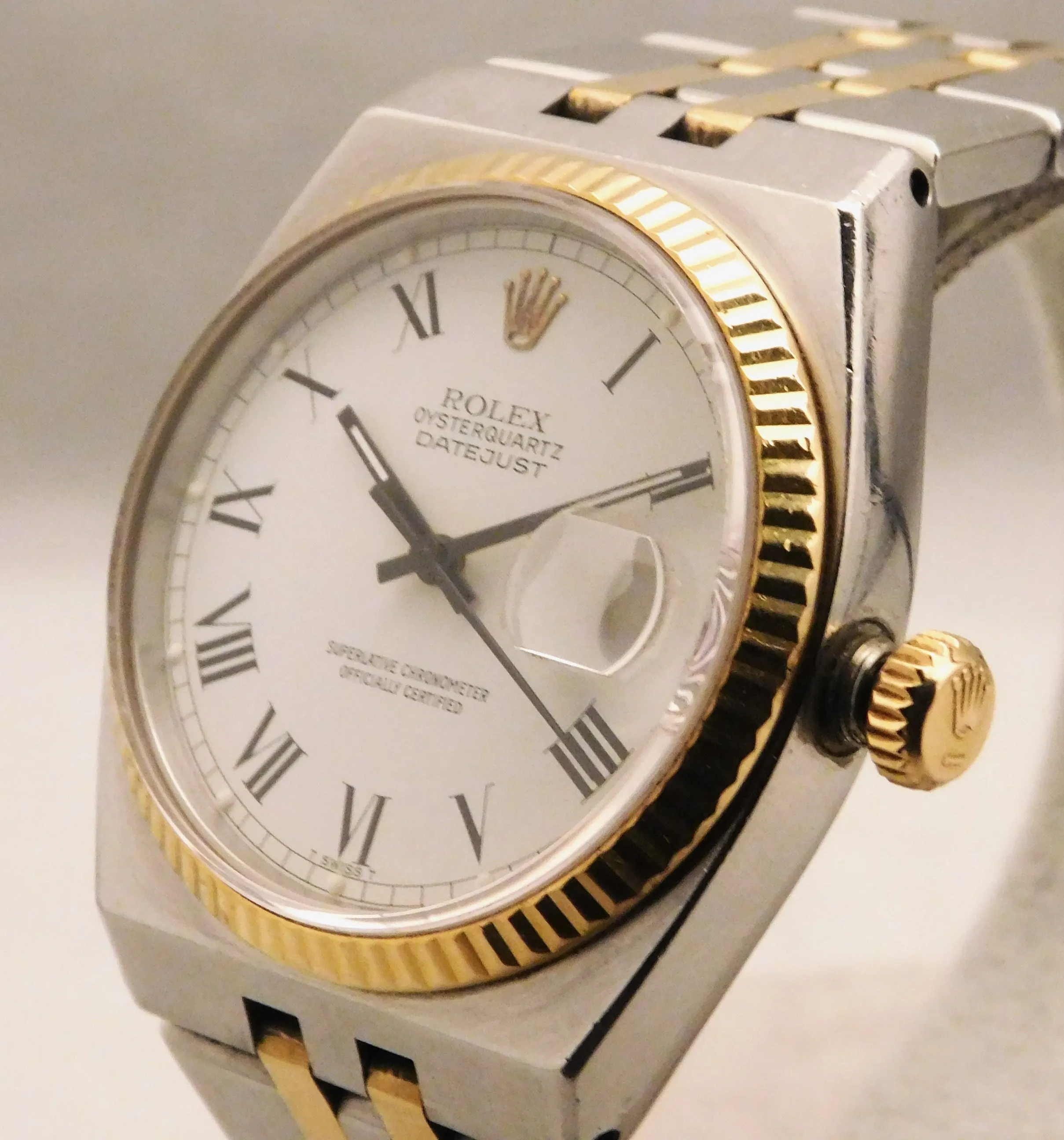 Rolex Oysterquartz Datejust 17013 White Roman Dial 18k Solid Gold/SS 1986 Mens Watch....36mm