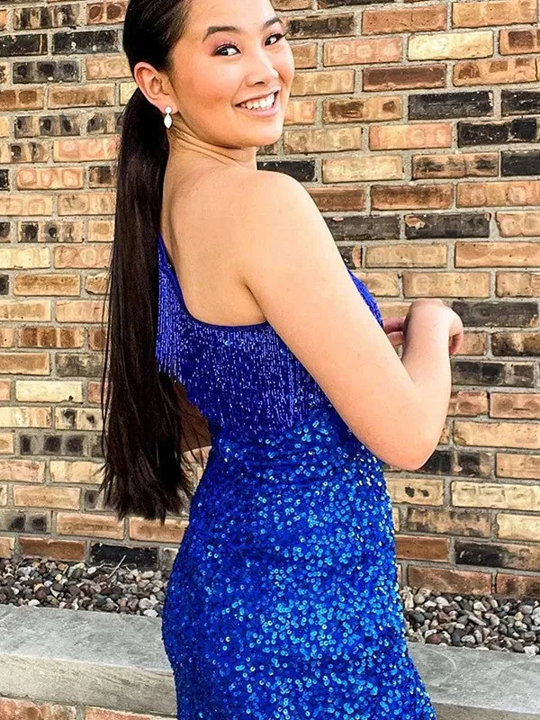 Royal Blue Sheath One Shoulder Sleeveless Short Velvet Sequin Prom Dress (AF1028)