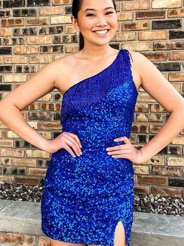 Royal Blue Sheath One Shoulder Sleeveless Short Velvet Sequin Prom Dress (AF1028)