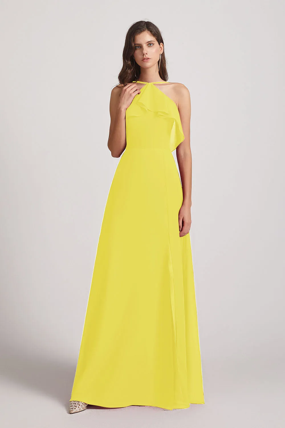 Ruffled Neckline Halter A-Line Chiffon Bridesmaid Dresses (AF0022)