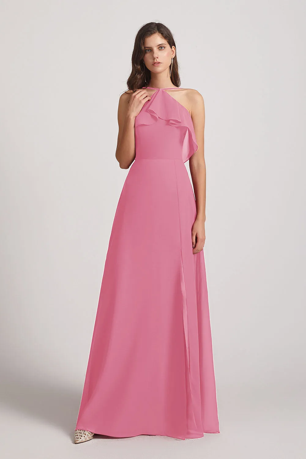 Ruffled Neckline Halter A-Line Chiffon Bridesmaid Dresses (AF0022)