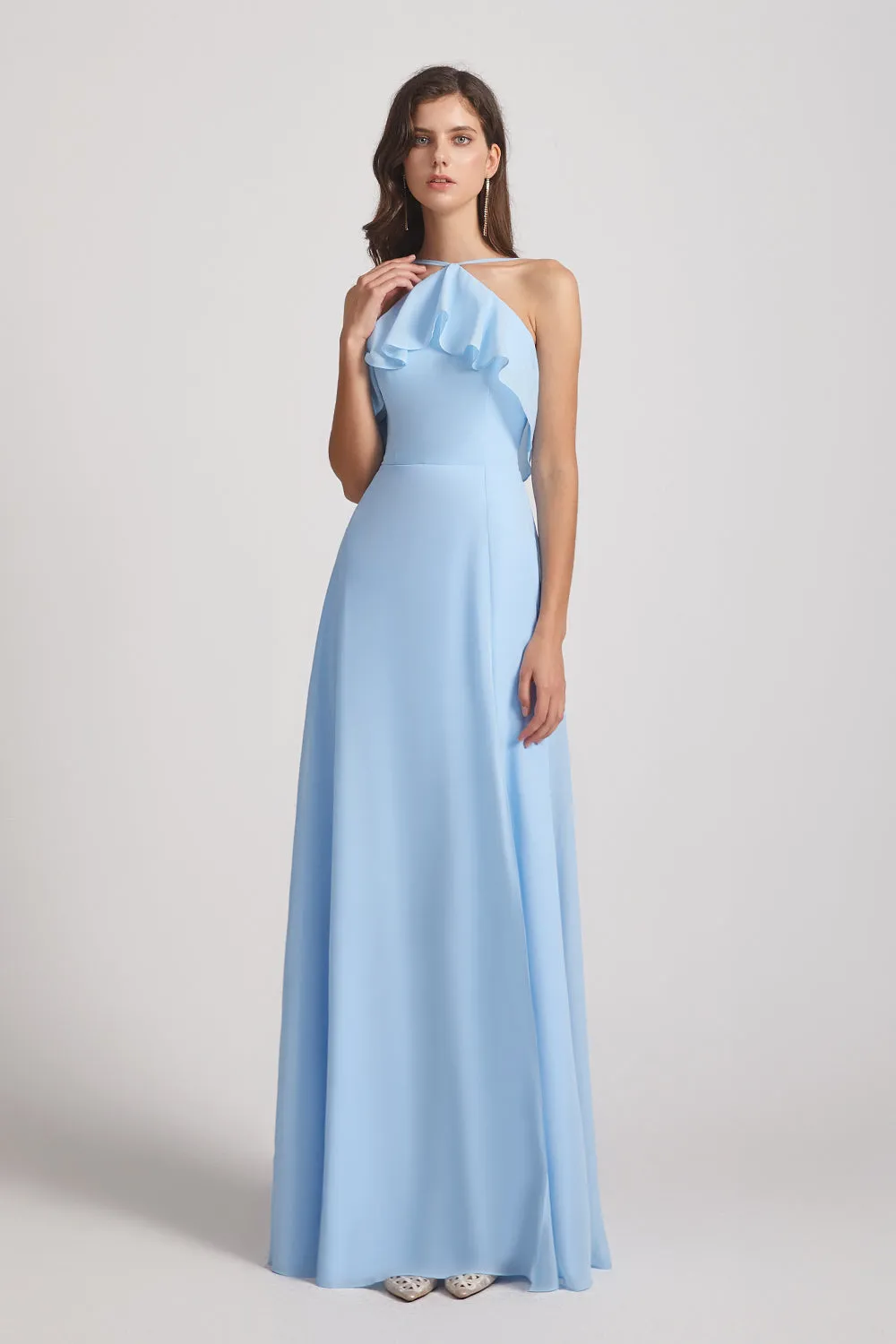 Ruffled Neckline Halter A-Line Chiffon Bridesmaid Dresses (AF0022)