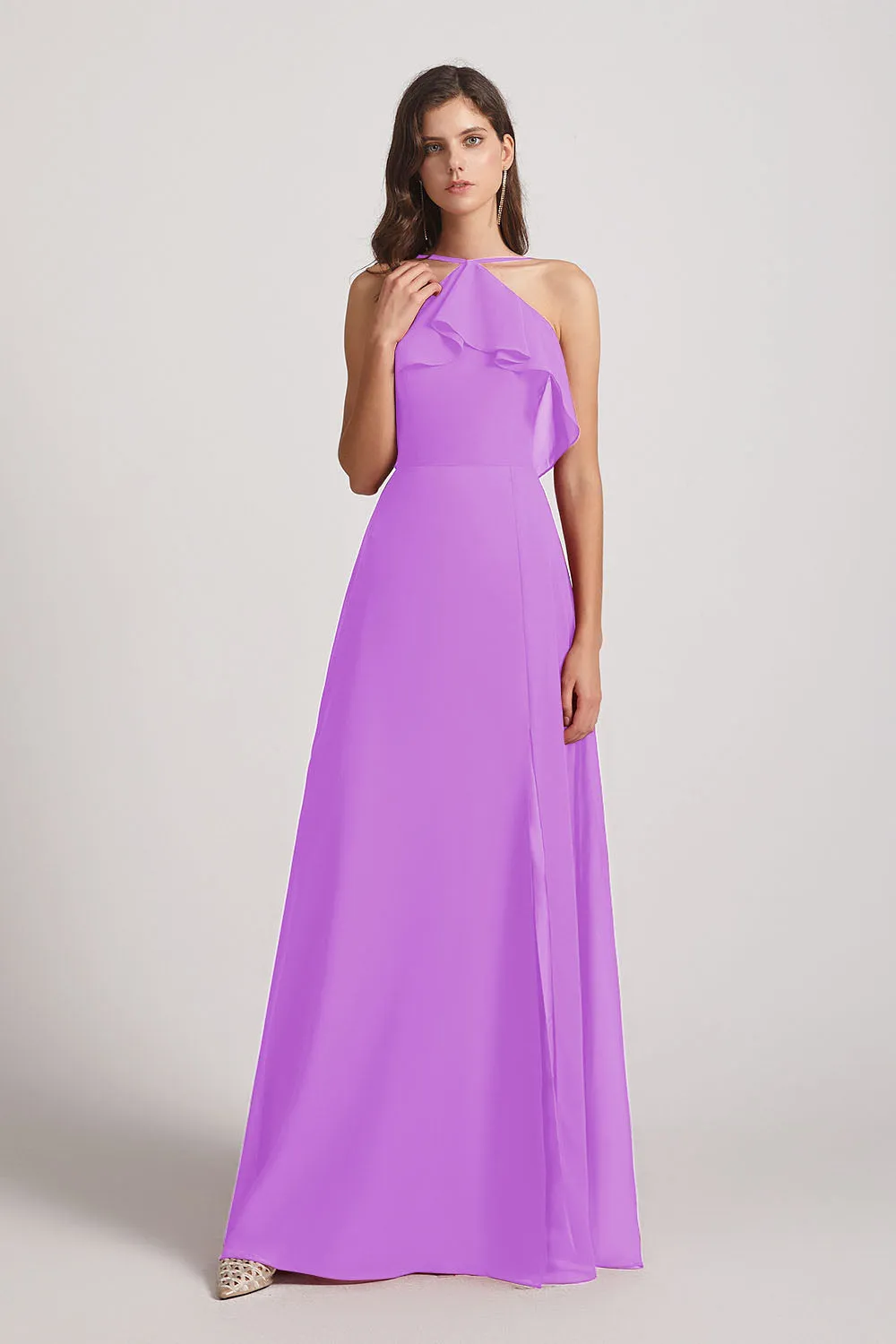 Ruffled Neckline Halter A-Line Chiffon Bridesmaid Dresses (AF0022)