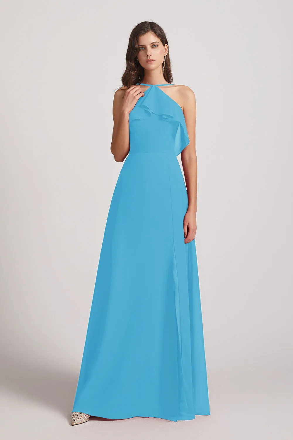 Ruffled Neckline Halter A-Line Chiffon Bridesmaid Dresses (AF0022)