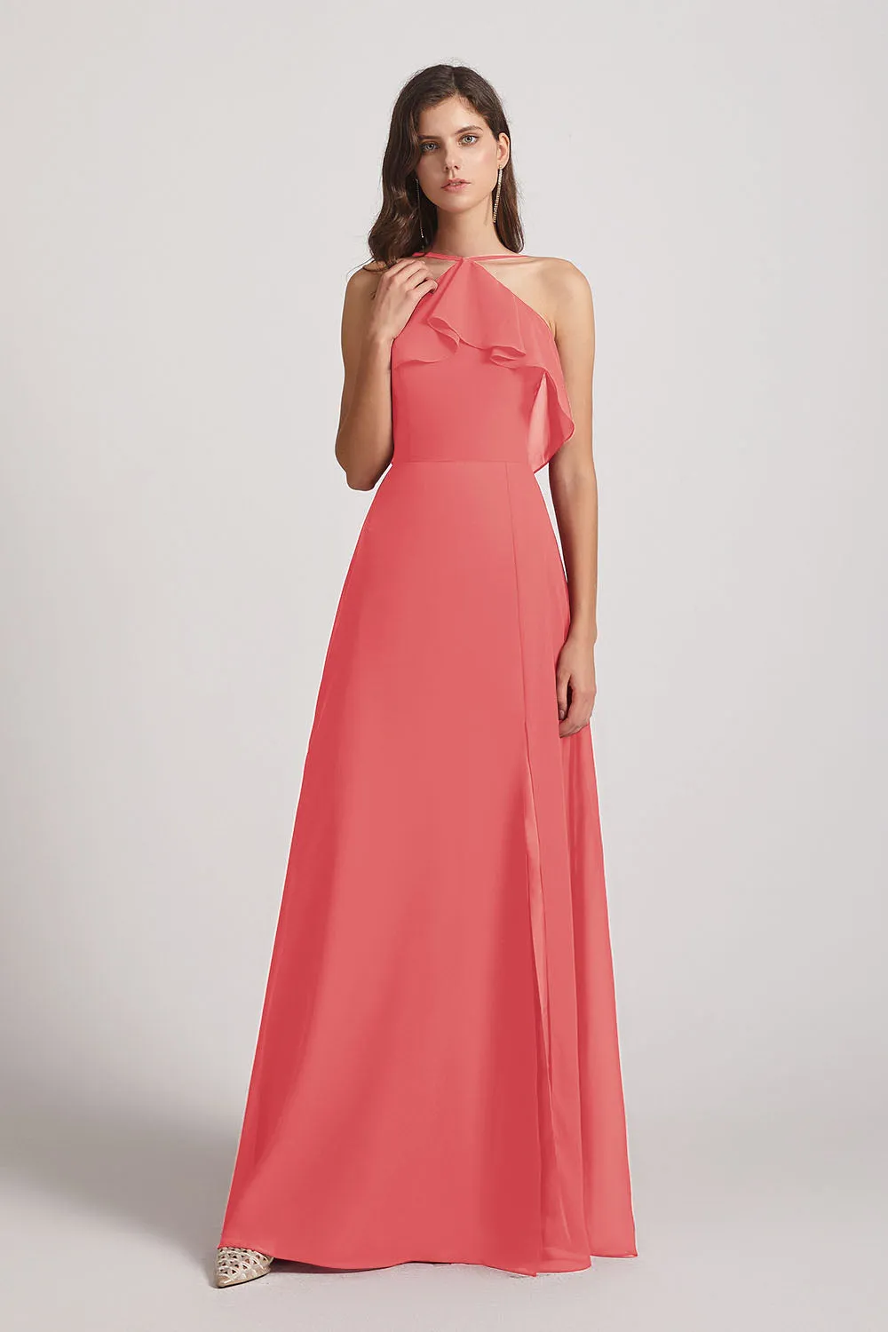 Ruffled Neckline Halter A-Line Chiffon Bridesmaid Dresses (AF0022)